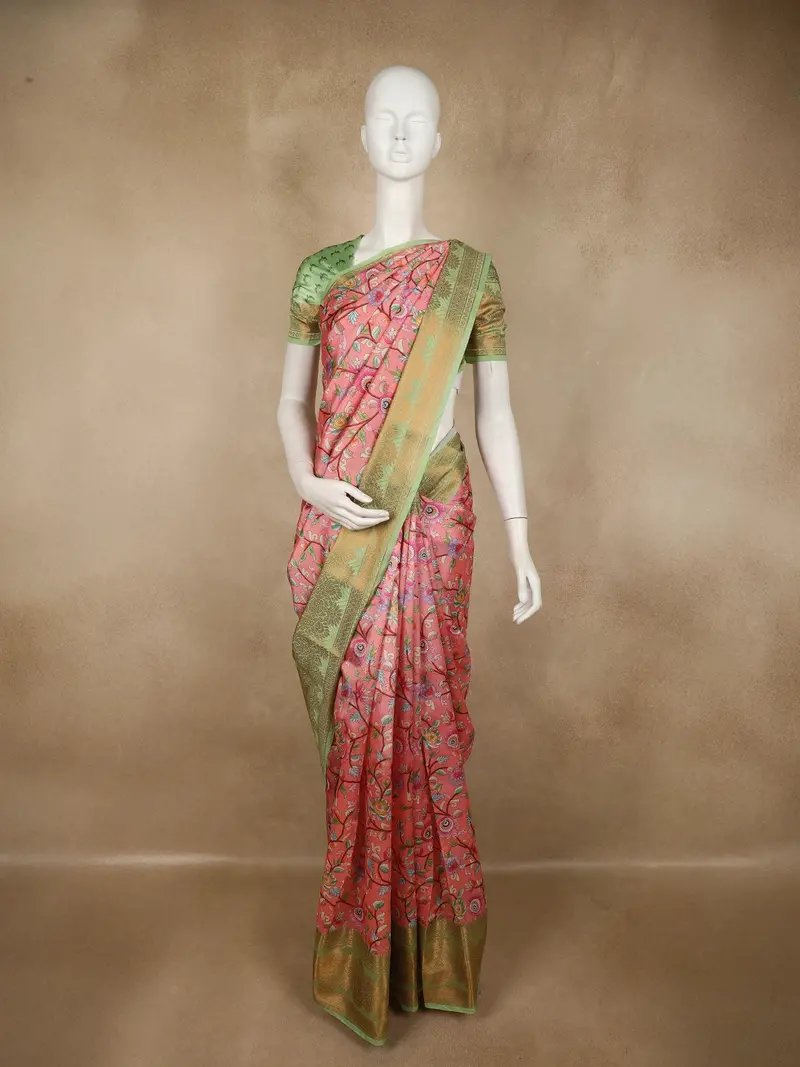 Coral Peach Floral Woven Design Art Silk Designer Saree 1