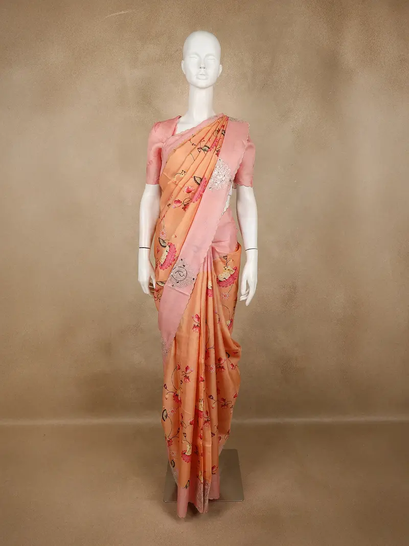 Coral Peach Floral Woven Design Pure Tussar Saree With Contrast Designer Border 1