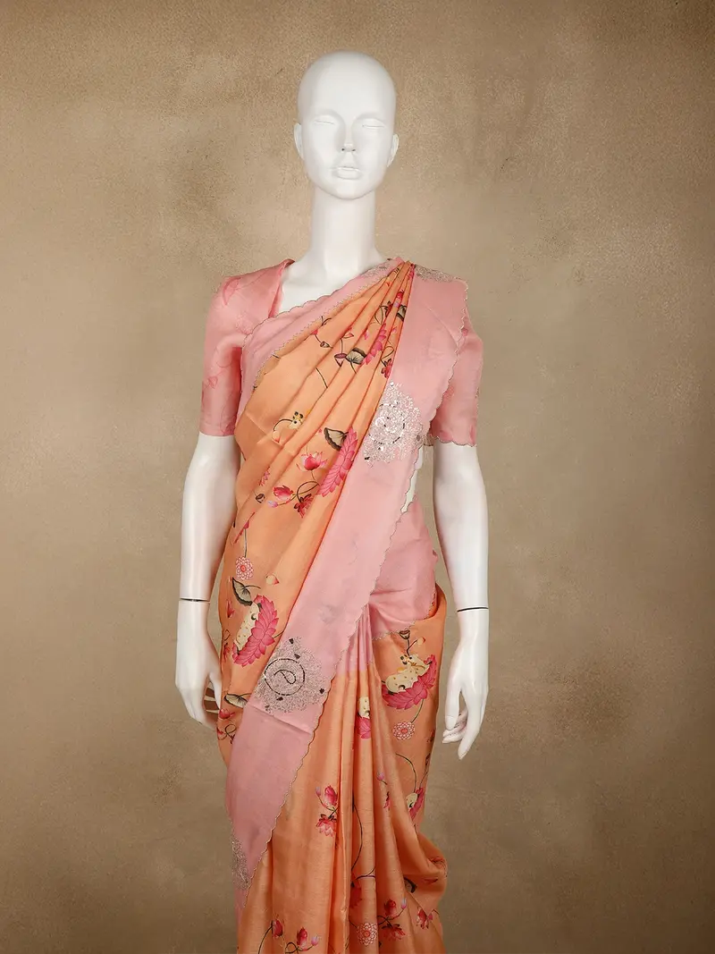 Coral Peach Floral Woven Design Pure Tussar Saree With Contrast Designer Border 2
