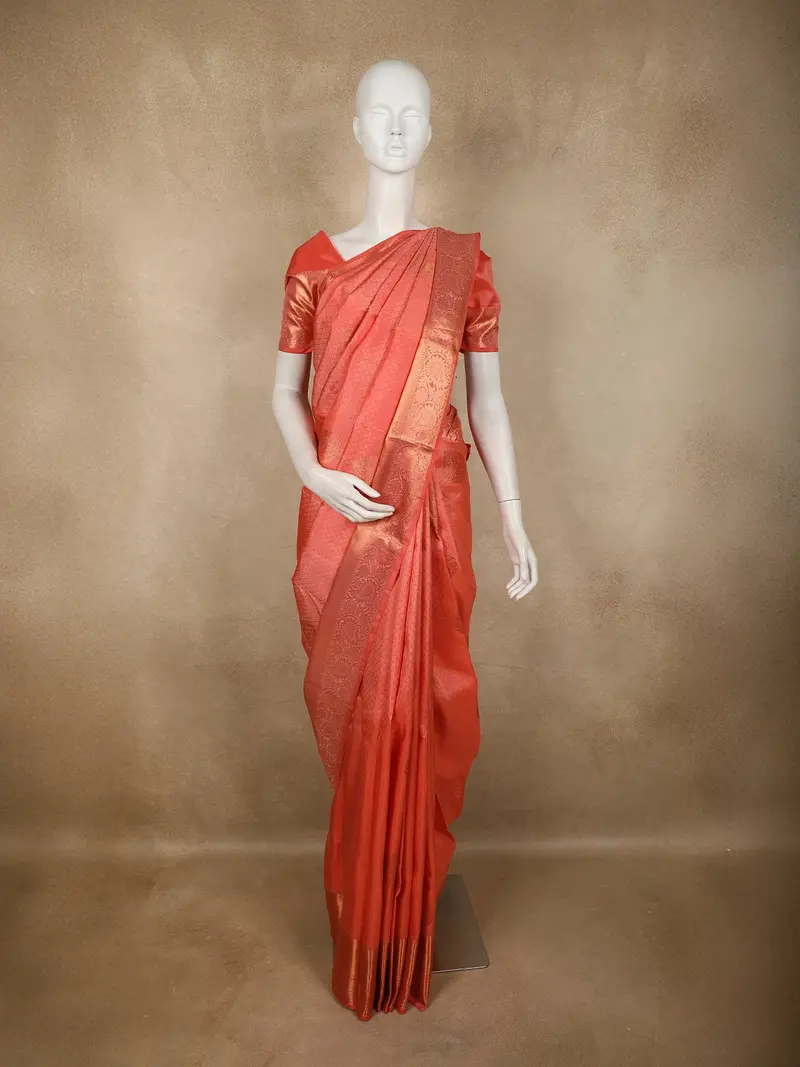 Coral Peach Geometric Zari Woven Design Pure Kanchipuram Silk Saree With Zari Border 1