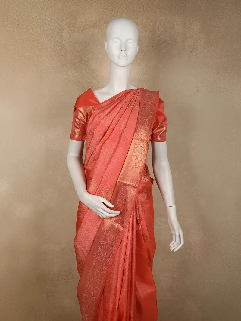 Coral Peach Geometric Zari Woven Design Pure Kanchipuram Silk Saree With Zari Border 2