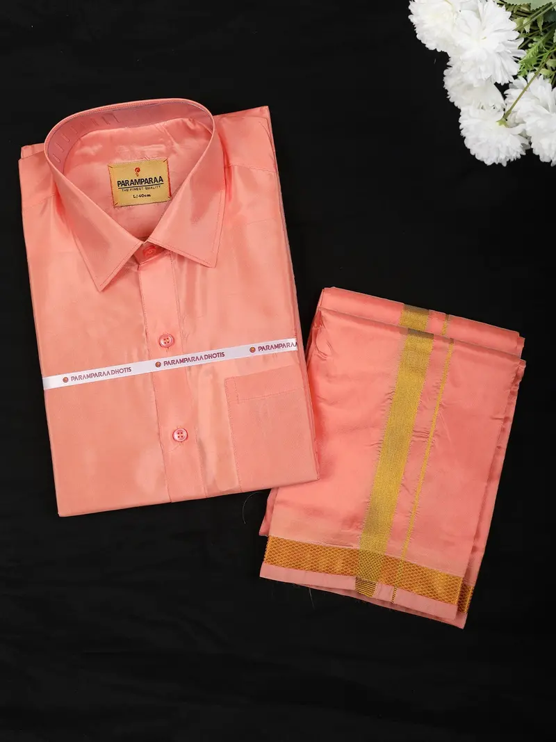 Coral Peach Solid Design Dhoti Shirt Set With Gold Zari Border 1