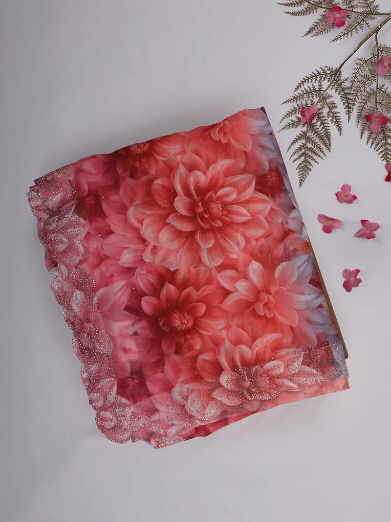 Coral Pink And Red Floral Printed Design Chiffon Saree 1