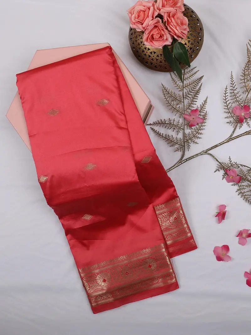 Coral Pink Butta Woven Design Soft Silk Saree With Silver Zari Floral Border 1