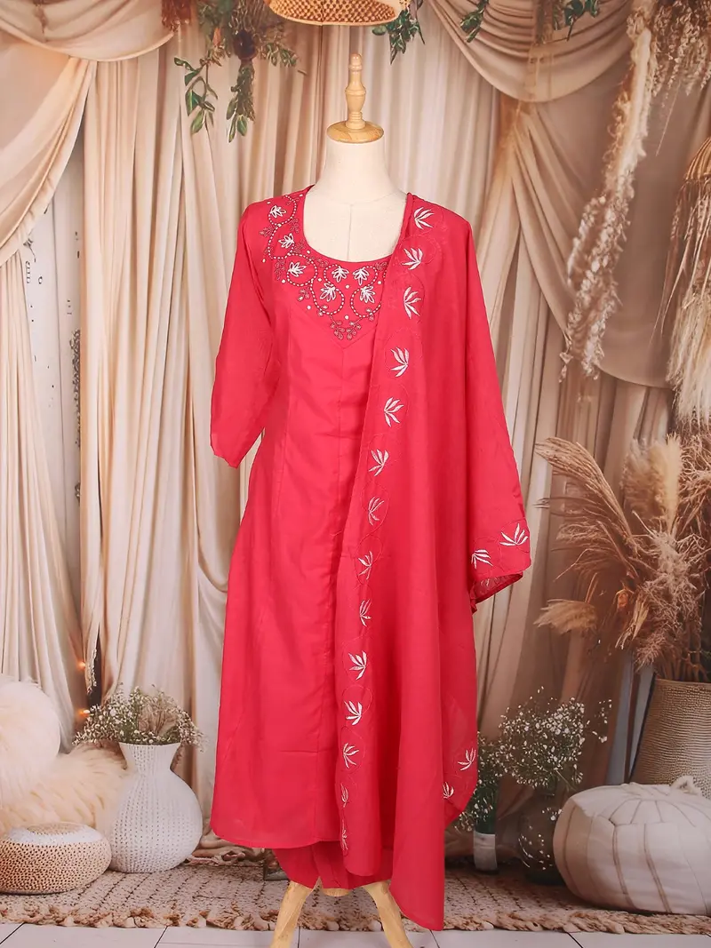 Coral Pink Floral Beads Embroidered Cotton Salwar With Dupatta 1