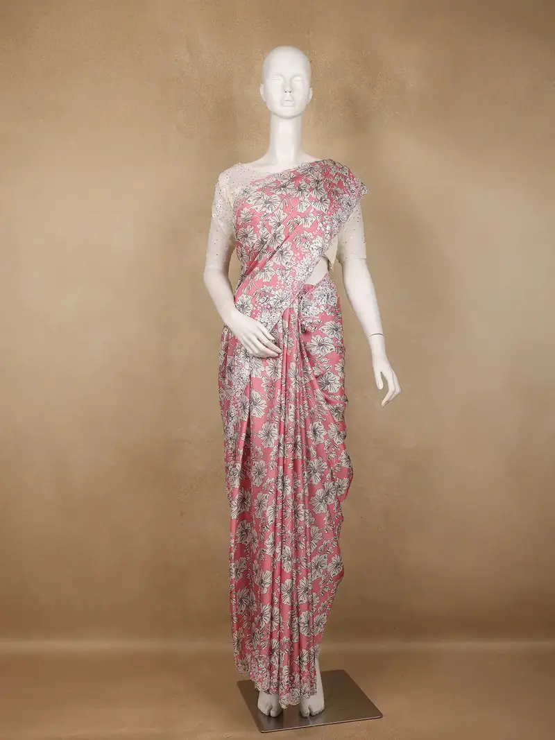 Coral Pink Floral Design Print Satin Saree 1