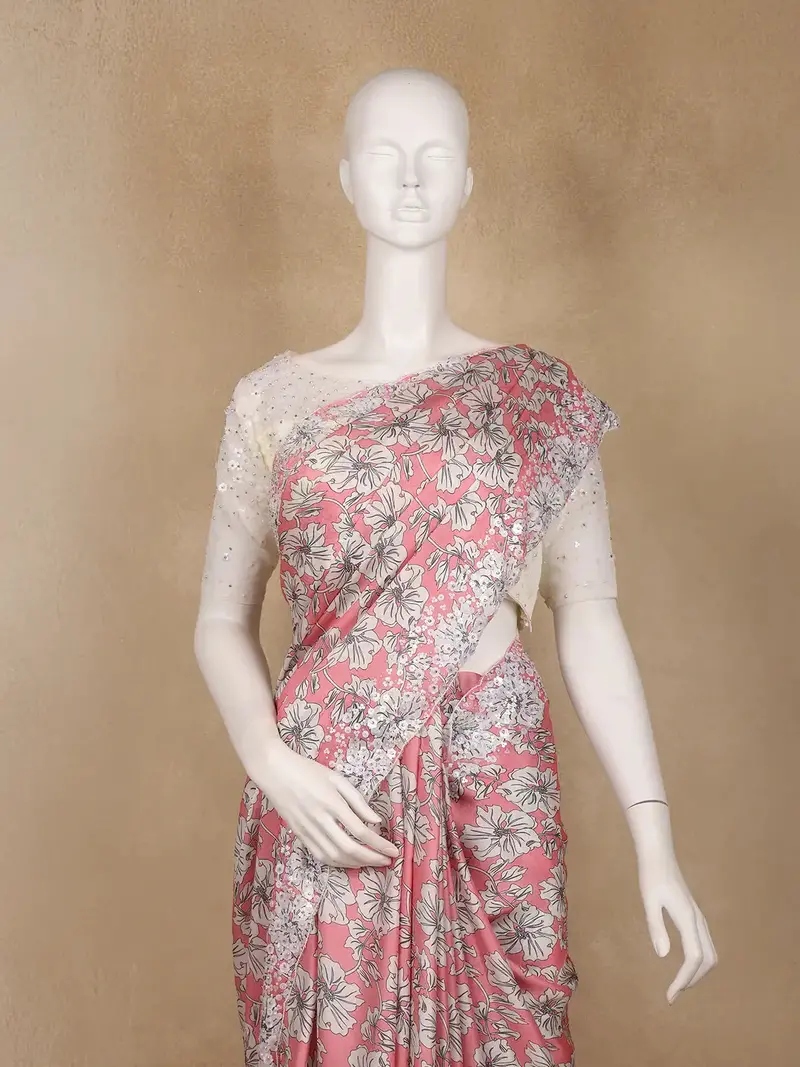 Coral Pink Floral Design Print Satin Saree 2