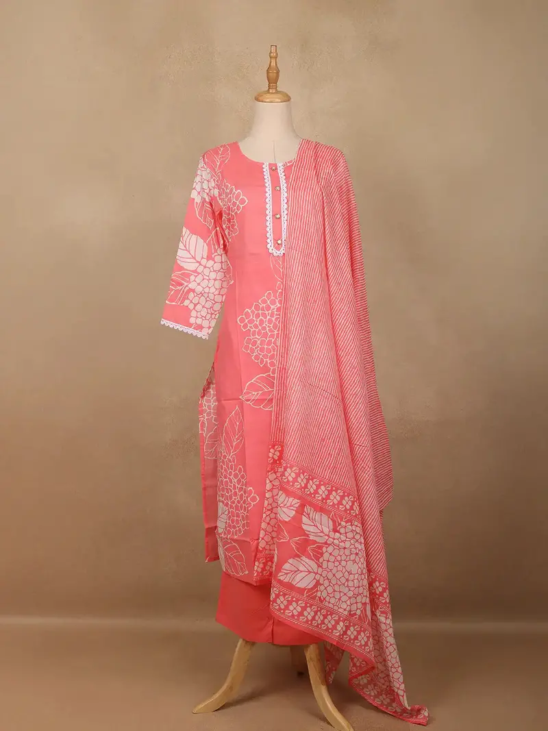 Coral Pink Floral Design Printed Cotton Salwar Suit 1