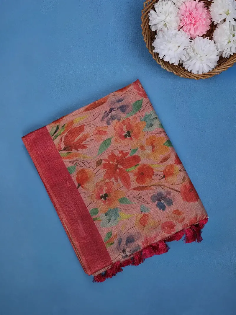 Coral Pink Floral Design Semi Tissue Saree 1