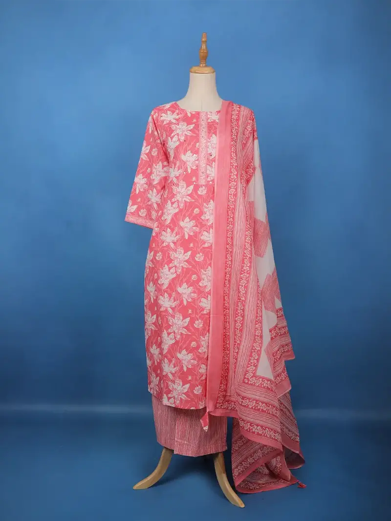 Coral Pink Floral Printed Cotton Salwar Suit 1