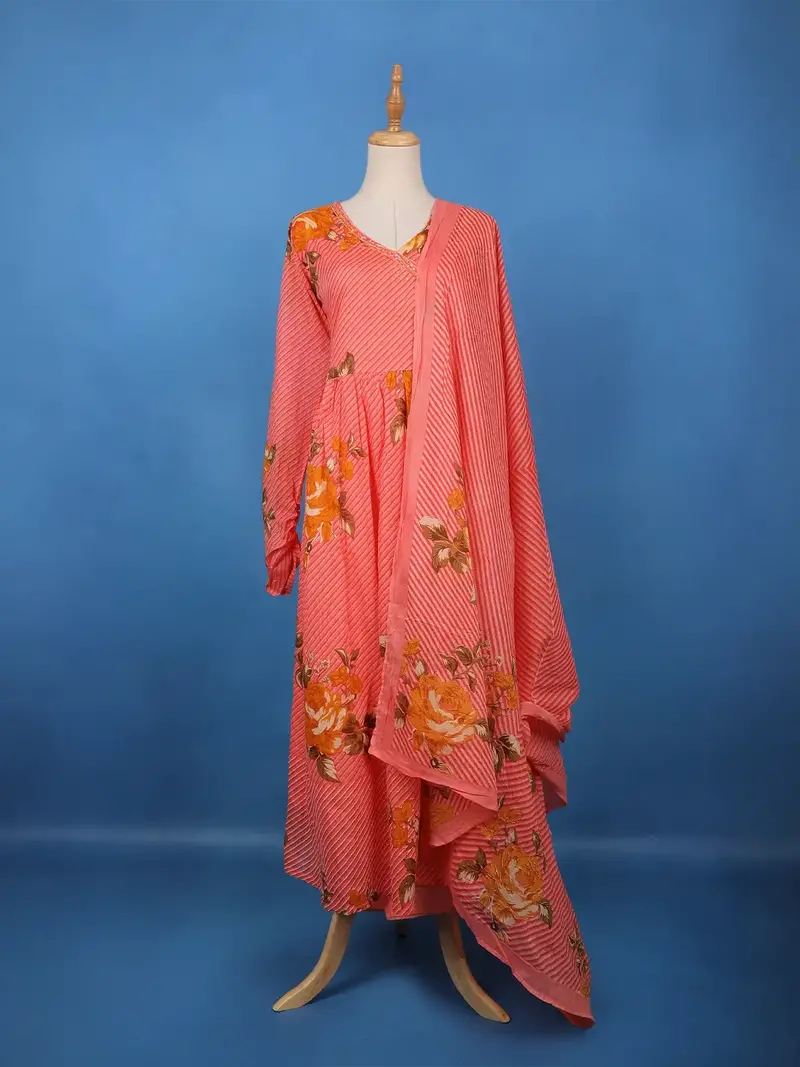 Coral Pink Floral Printed Cotton Salwar Suit 1