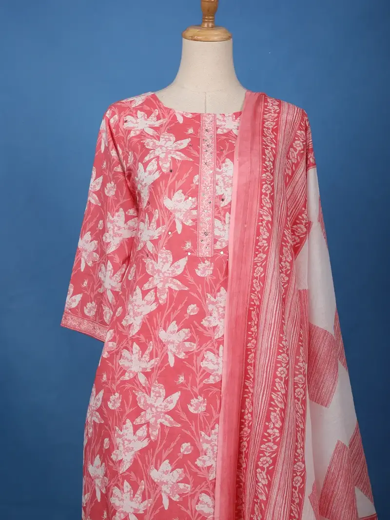 Coral Pink Floral Printed Cotton Salwar Suit 2
