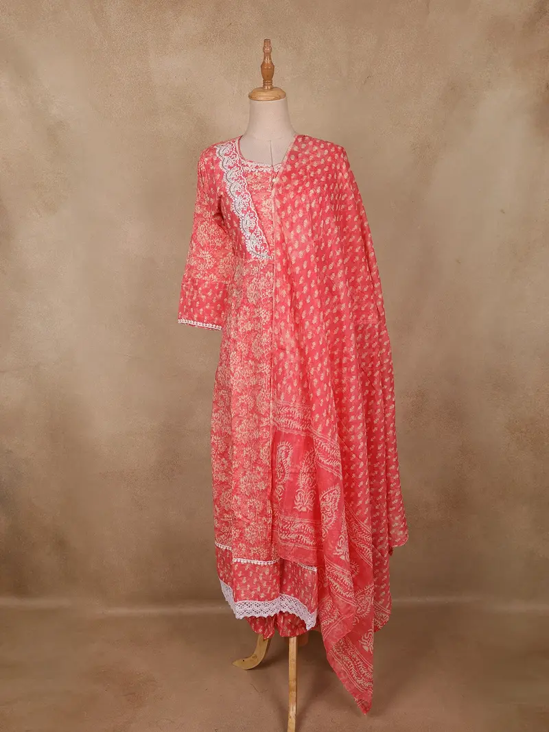 Coral Pink Floral Printed Cotton Salwar Suit With Dupatta 1