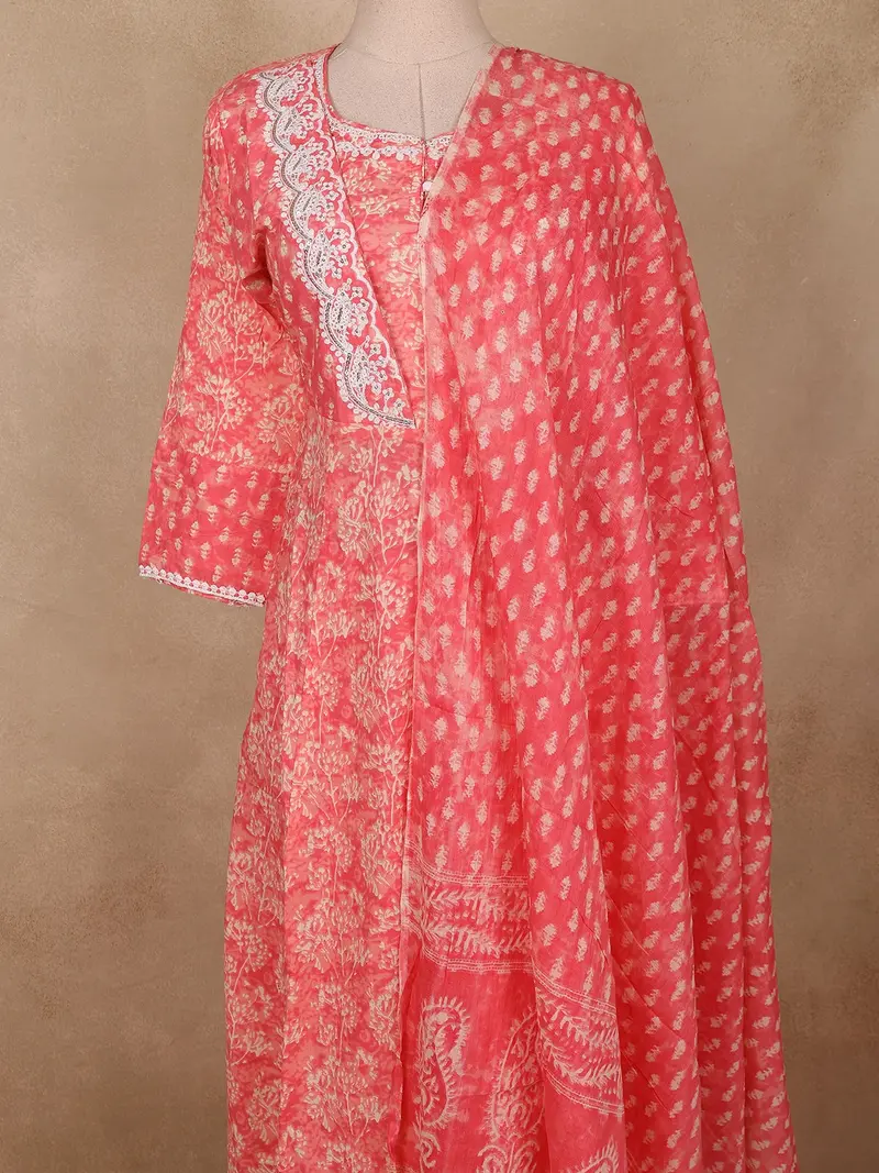 Coral Pink Floral Printed Cotton Salwar Suit With Dupatta 2