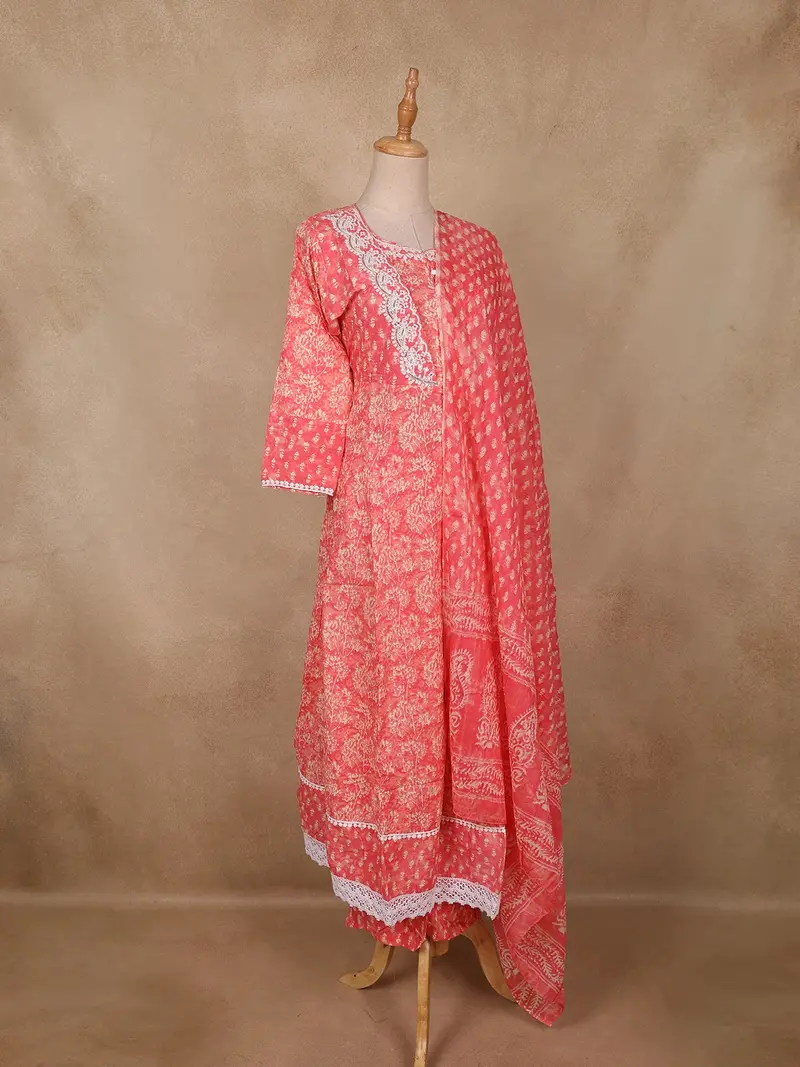 Coral Pink Floral Printed Cotton Salwar Suit With Dupatta 3