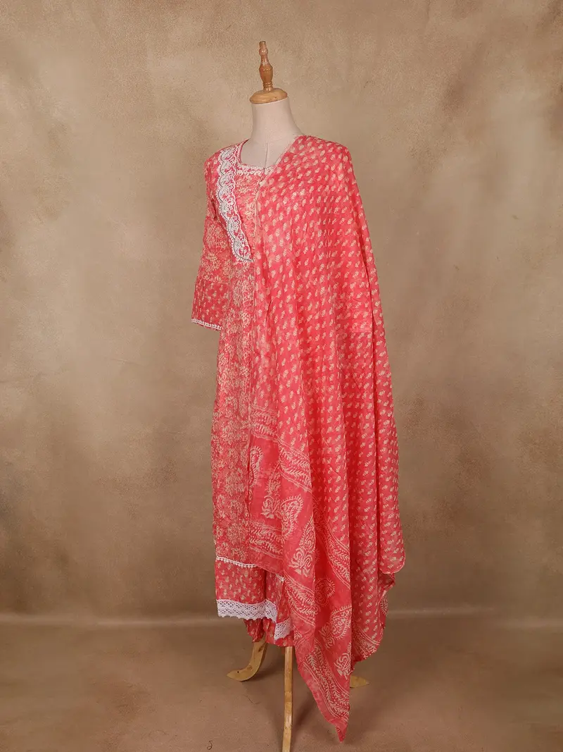 Coral Pink Floral Printed Cotton Salwar Suit With Dupatta 4