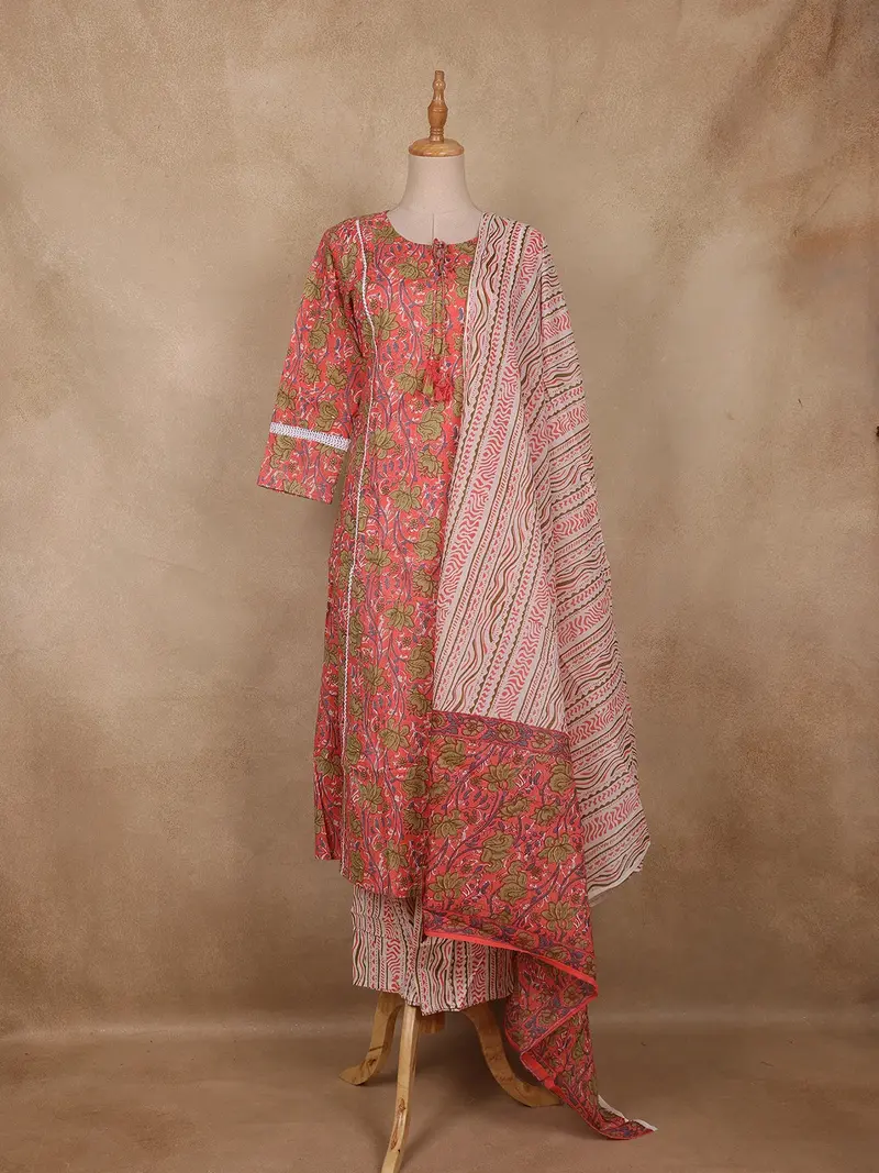 Coral Pink Floral Printed Cotton Salwar Suit With Tassel Detailing And Dupatta 1
