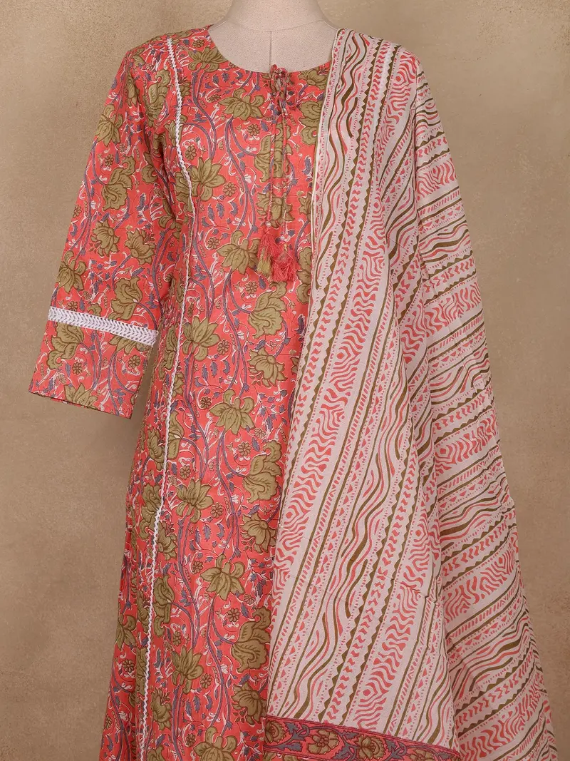 Coral Pink Floral Printed Cotton Salwar Suit With Tassel Detailing And Dupatta 2