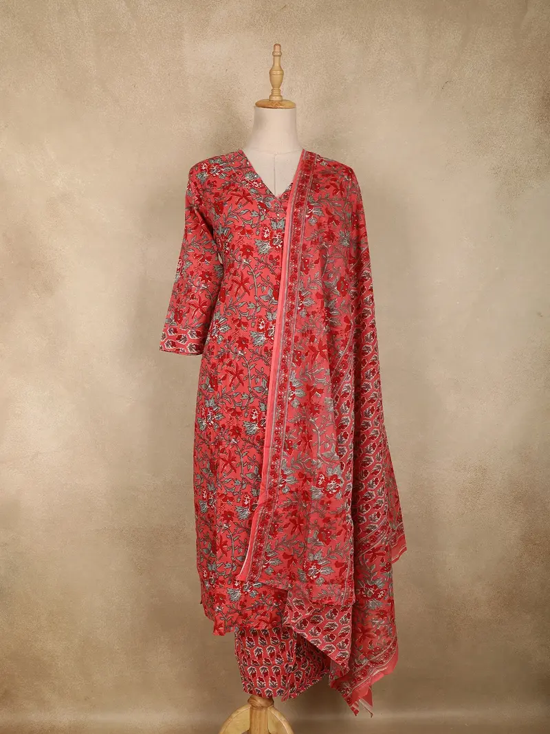 Coral Pink Floral Printed Design Cotton Straight Cut Salwar Suit With Dupatta 1