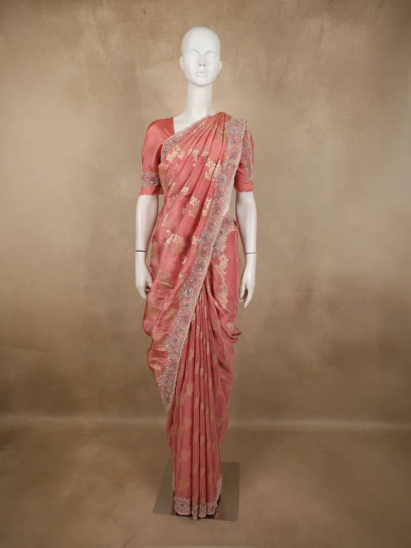Coral Pink Floral Sequins And Zardozi Embroidered Design Tissue Silk Designer Saree With Designer Border 1
