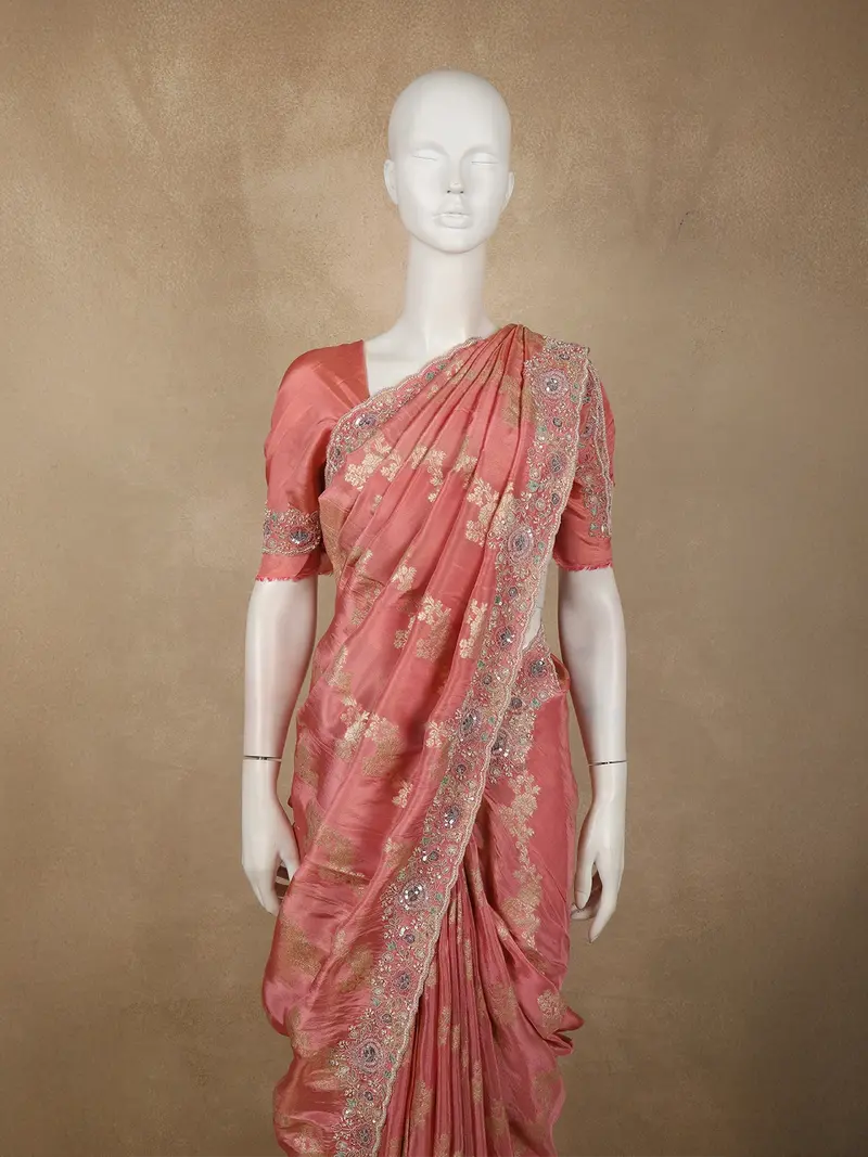 Coral Pink Floral Sequins And Zardozi Embroidered Design Tissue Silk Designer Saree With Designer Border 2
