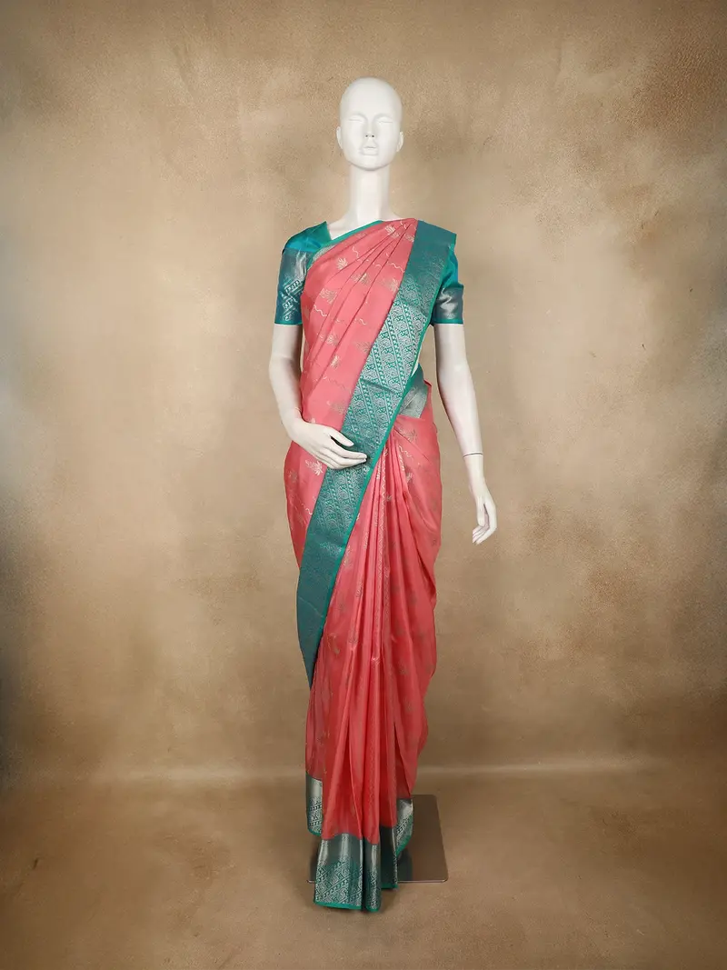 Coral Pink Floral Woven Design Pure Kanchipuram Silk Saree With Contrast  Zari Border 1