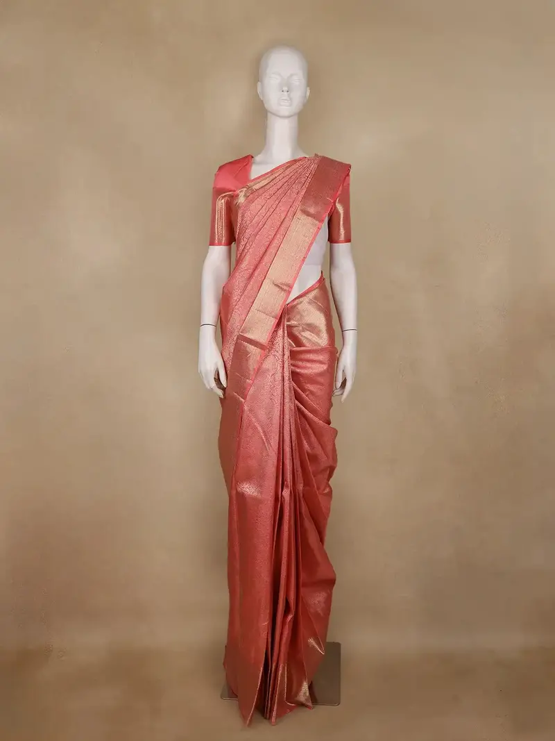 Coral Pink Floral Woven Pure Kanchipuram Silk Saree 1