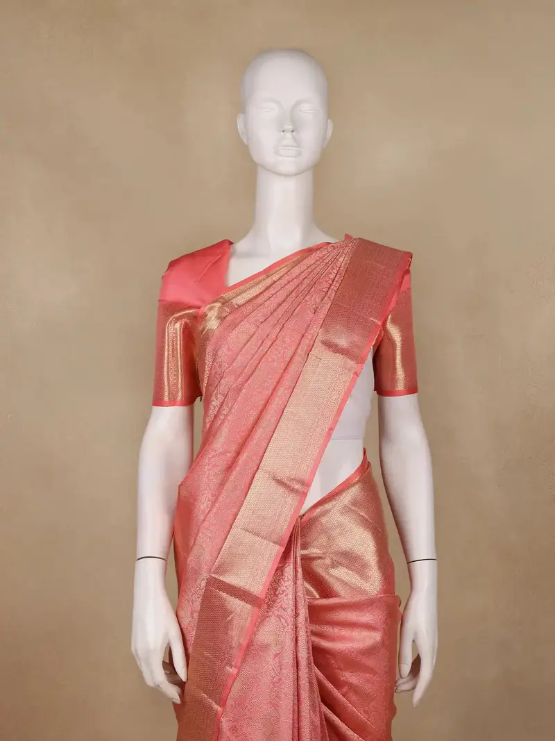 Coral Pink Floral Woven Pure Kanchipuram Silk Saree 2