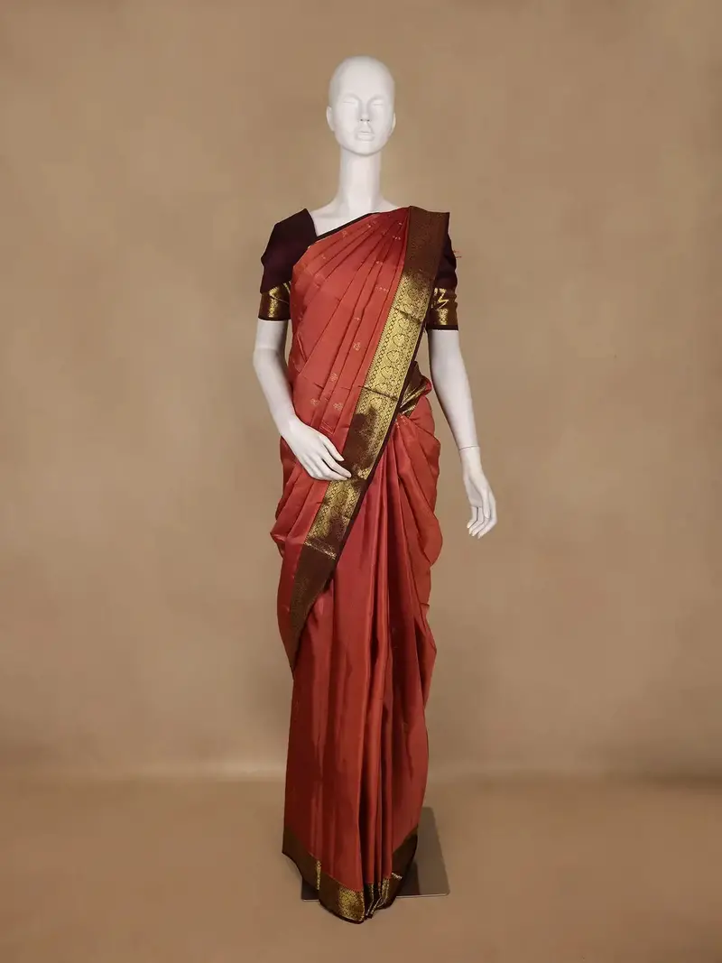 Coral Pink Floral Woven Pure Kanchipuram Silk Saree With Zari Border 1