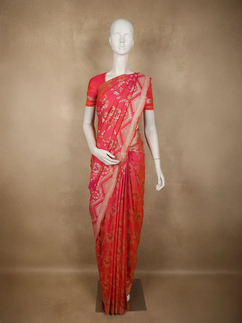 Coral Pink Floral Zari Woven Design Pure Banarasi Silk Saree With Designer Border 1