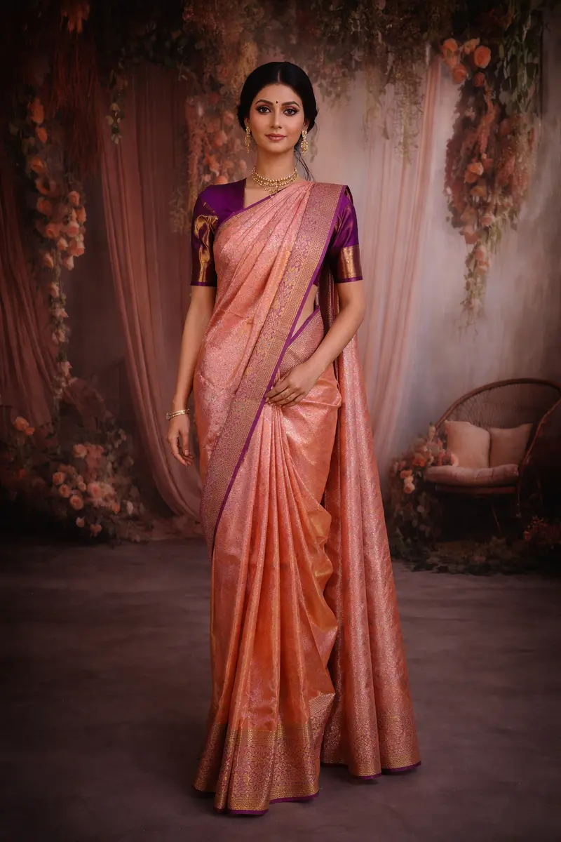 Coral Pink Floral Zari Woven Design Pure Kanchipuram Silk Saree With Contrast Zari Border 1