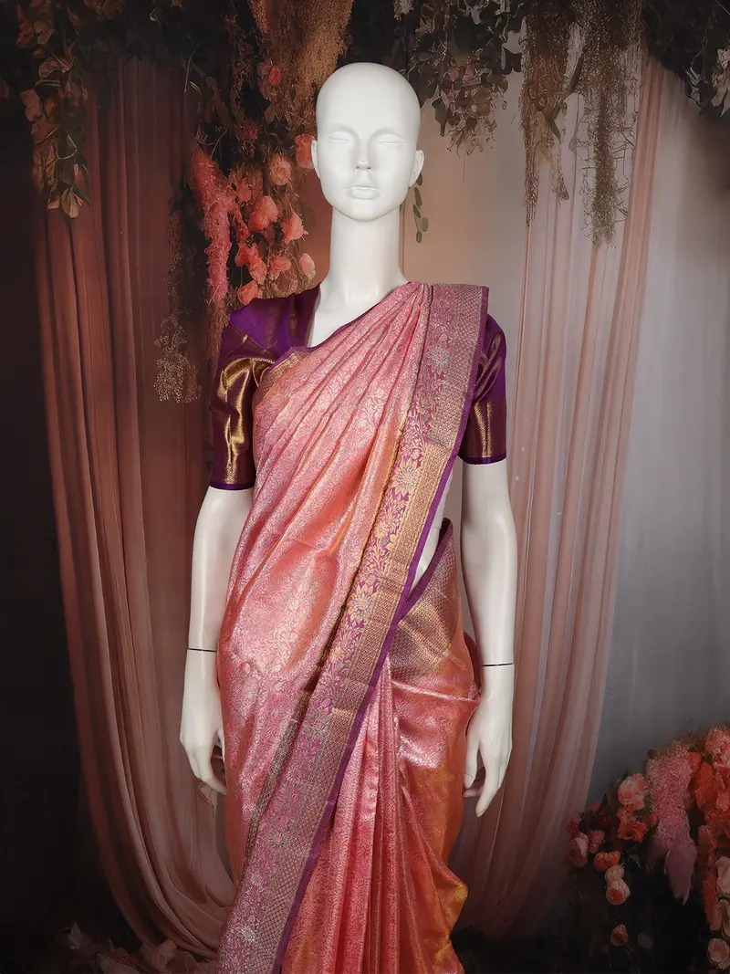 Coral Pink Floral Zari Woven Design Pure Kanchipuram Silk Saree With Contrast Zari Border 2