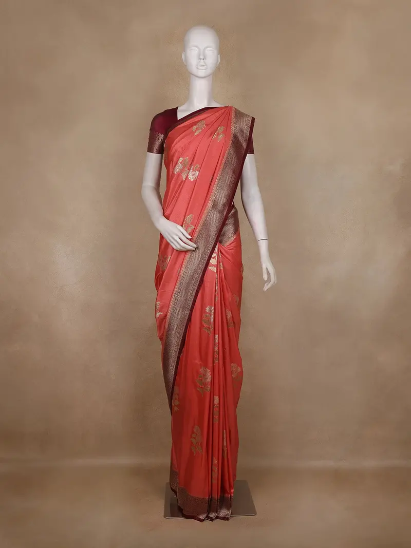 Coral Pink Floral Zari Woven Design Semi Banarasi Saree With Contrast Border 1