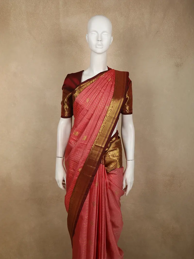 Coral Pink Mini Checked And Butta Zari Woven Design Pure Kanchipuram Silk Saree With Contrast Peacock Zari Border 2