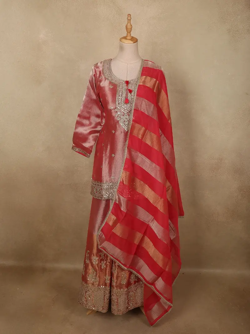 Coral Pink Sequins Embroidered Design Tissue Organza Palazzo Suit With Dupatta 1