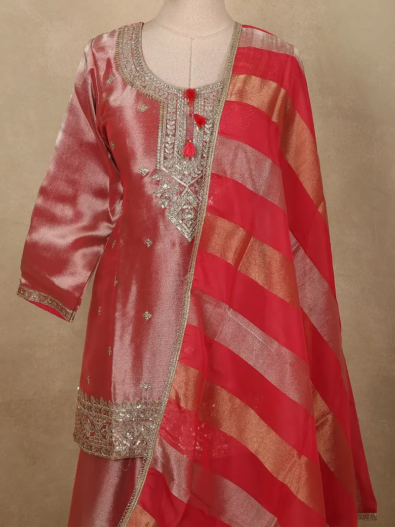 Coral Pink Sequins Embroidered Design Tissue Organza Palazzo Suit With Dupatta 2