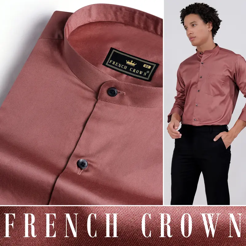 Coral Pink Subtle Sheen Super Soft Premium Cotton Mandarin Shirt 4