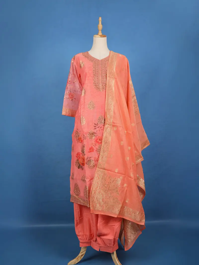 Coral Pink Zari Embroidered Banarasi Salwar Suit 1