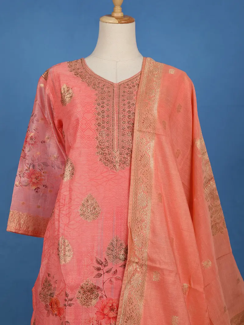 Coral Pink Zari Embroidered Banarasi Salwar Suit 2