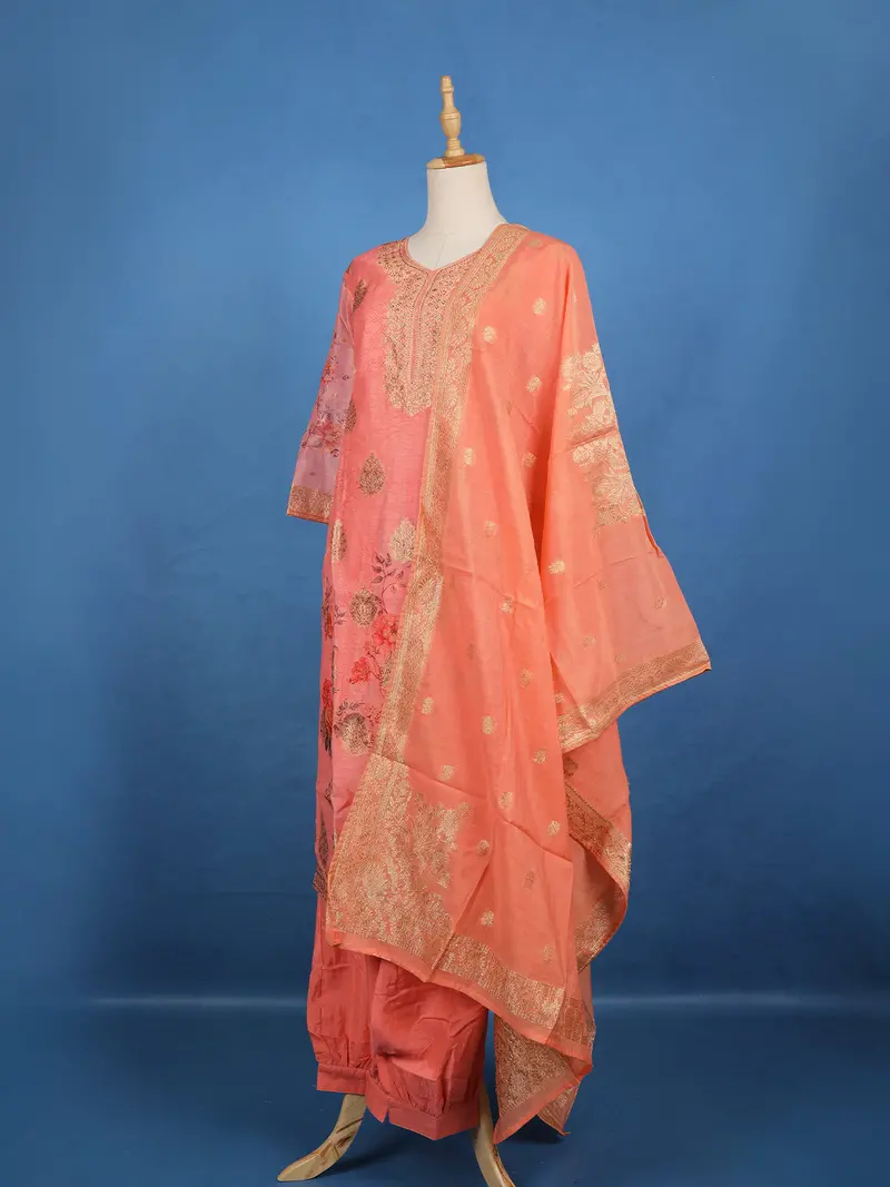 Coral Pink Zari Embroidered Banarasi Salwar Suit 3
