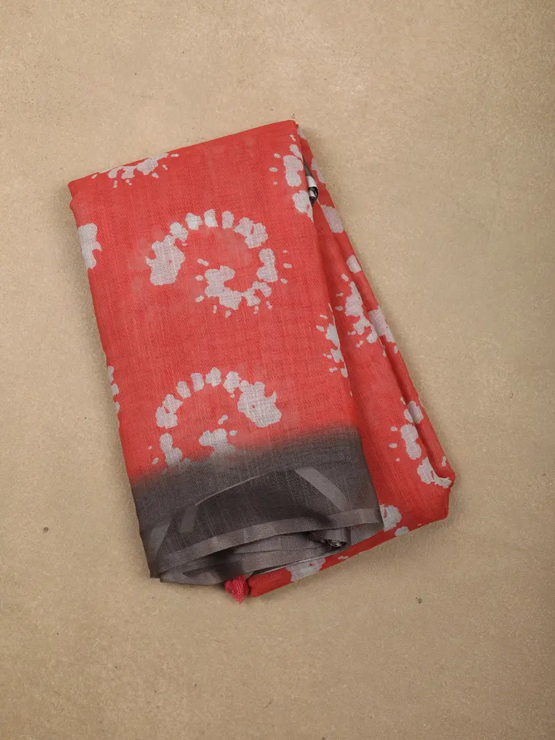 Coral Red Abstract Printed Design Linen Cotton Saree 1
