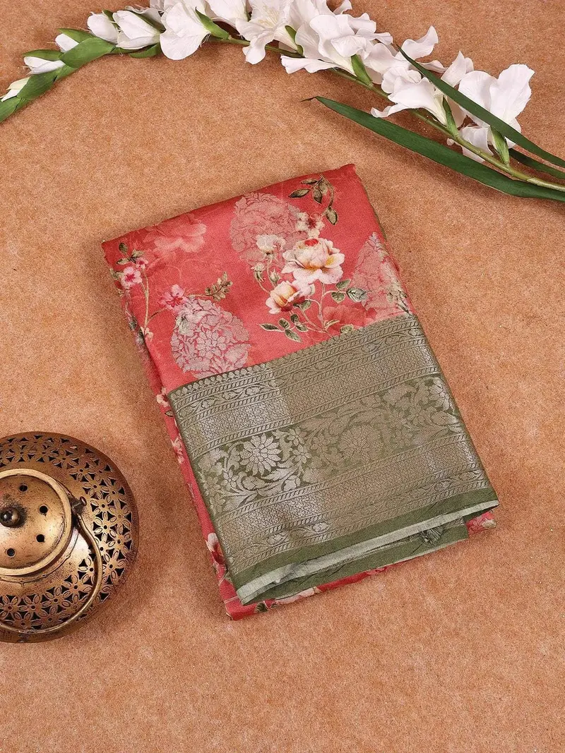 Coral Red Banarasi Saree With Flower Design On The Body With Contrast Border 1