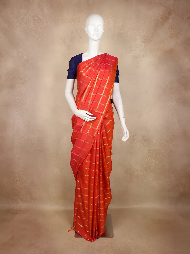 Coral Red Checked Zari Woven Kanchipuram Silk Saree 1