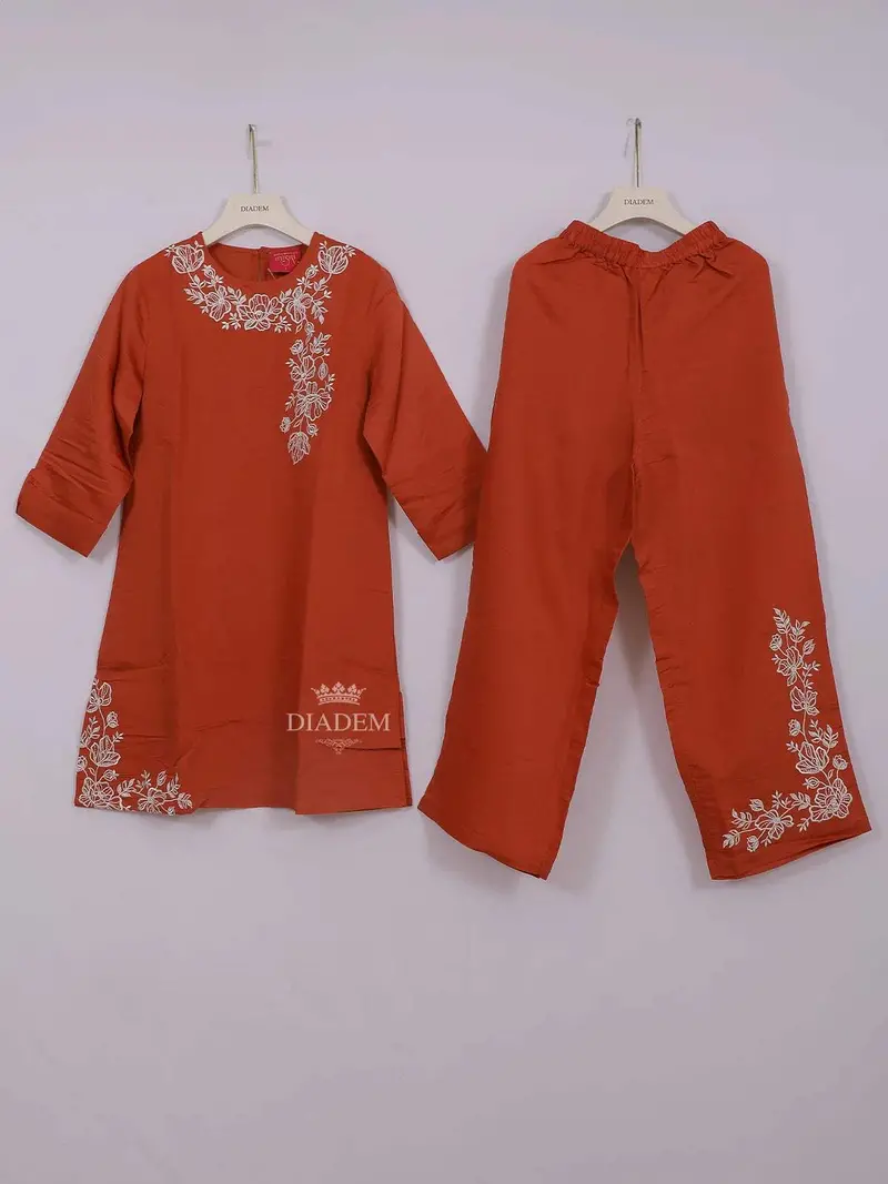 Coral Red Cotton Straight Salwar Suit With Floral Threadwork Embroidery 1