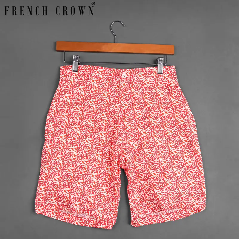 Coral Red Ditzy Printed Premium Tencel Designer Shorts 1