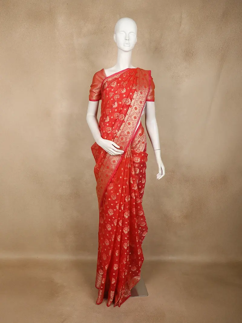 Coral Red Floral Butta Design Semi Banarasi Saree With Woven Border 1