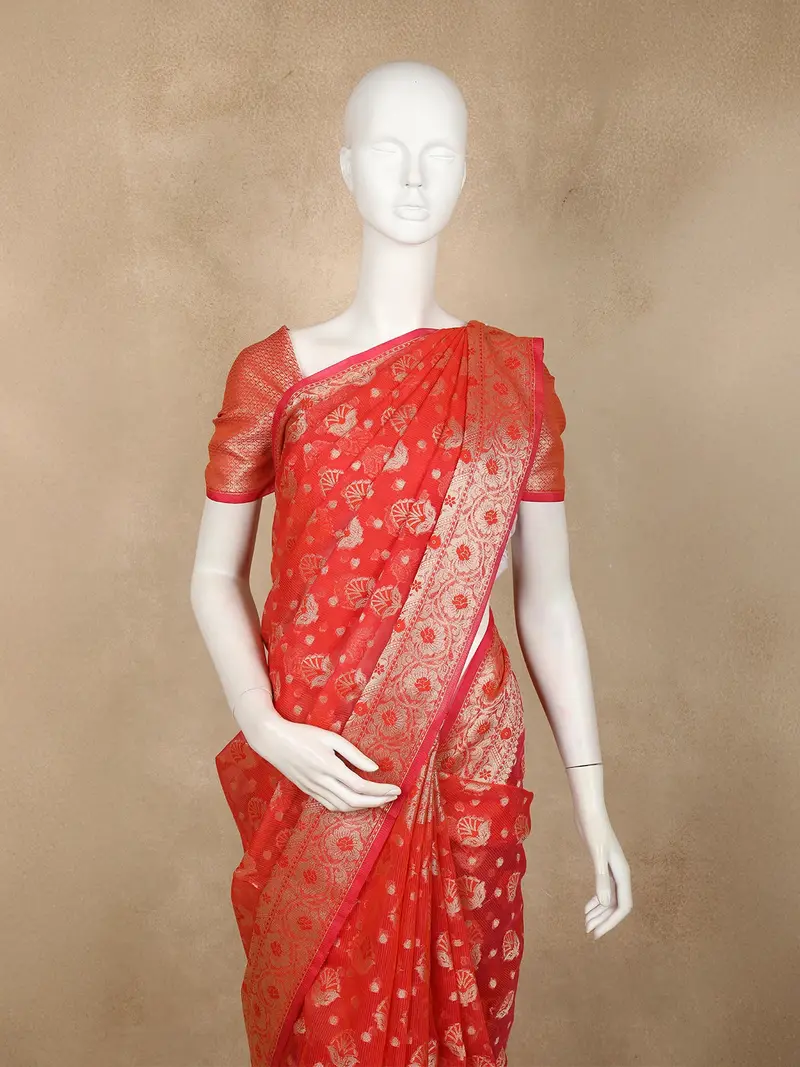 Coral Red Floral Butta Design Semi Banarasi Saree With Woven Border 2