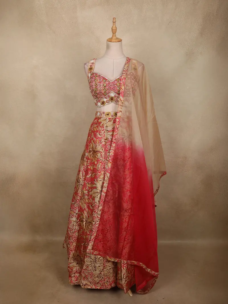 Coral Red Floral Sequins And Beads Embroidered Design Banarasi Silk Lehenga With Ombre Net Dupatta 1