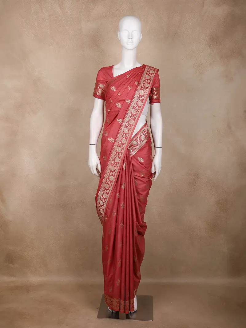 Coral Red Floral Zari Woven Raw Silk Saree 1