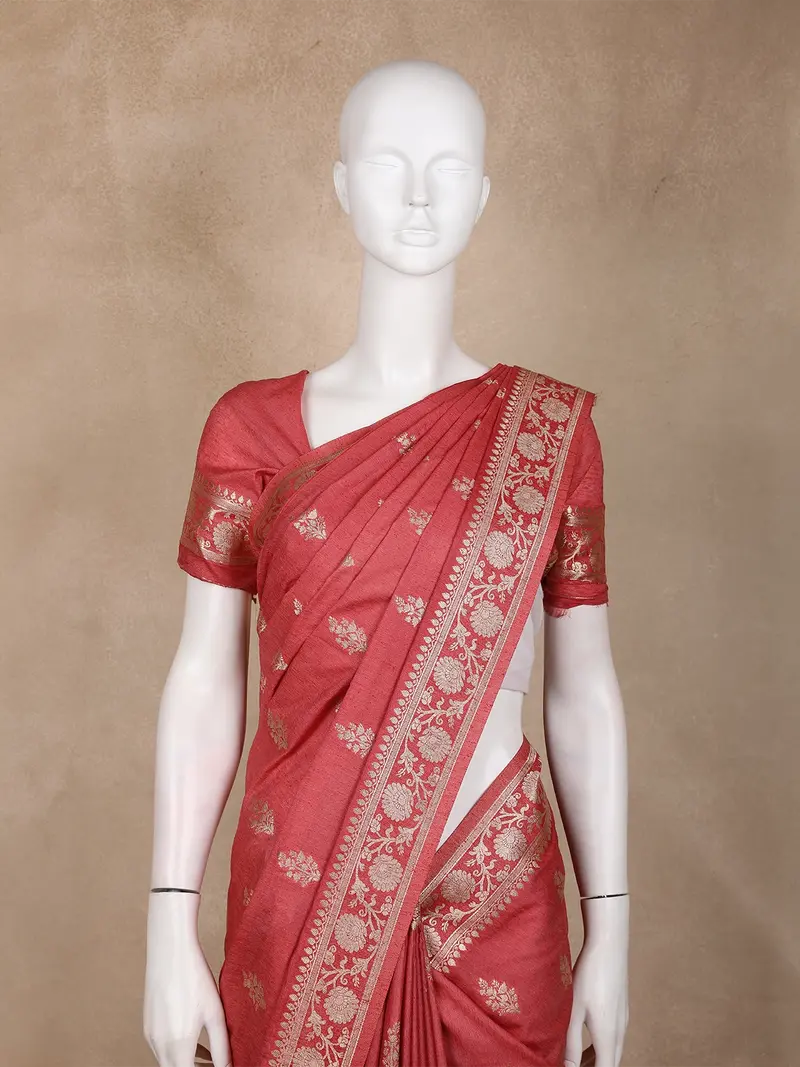 Coral Red Floral Zari Woven Raw Silk Saree 2